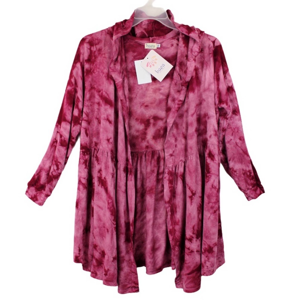 Women's BAEA Open Front Long Sleeve Cardigan, Plum Pink Tie Dye, Size Large